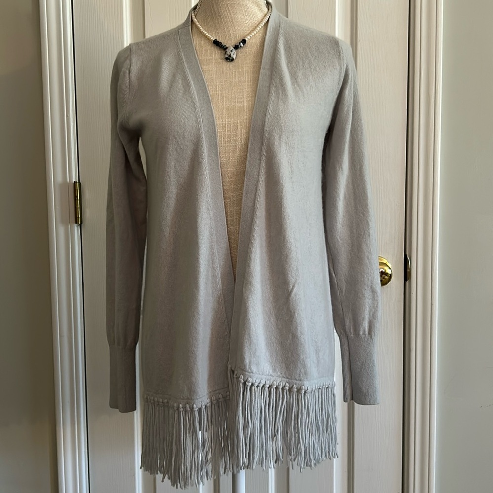 Club Monaco, gray cardigan sweater fringe on bottom
